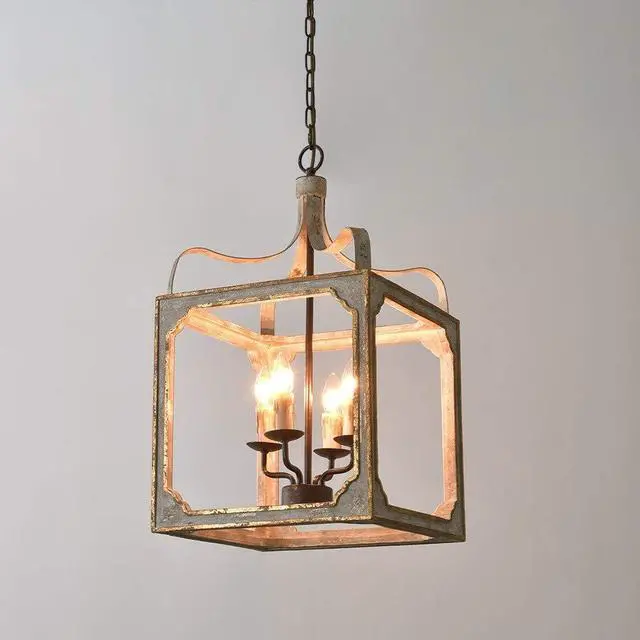 Alt view image 3 of 6 - French Country Chandelier 4-Light Lantern Pendant Lighting Square Wood Metal Chandeliers Hanging Light Ceiling Light Fixtures in Antique Gray & Antique Gold