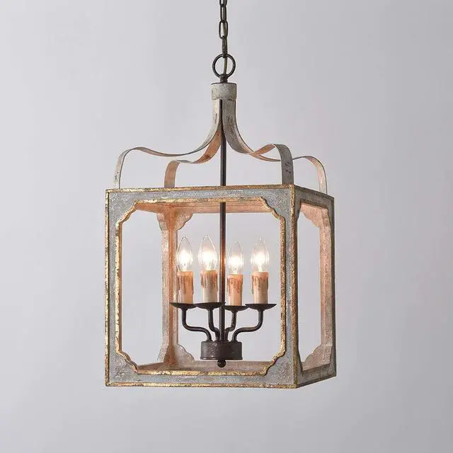Alt view image 4 of 6 - French Country Chandelier 4-Light Lantern Pendant Lighting Square Wood Metal Chandeliers Hanging Light Ceiling Light Fixtures in Antique Gray & Antique Gold
