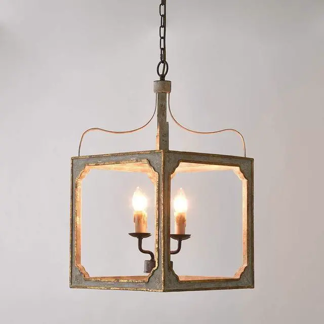 Alt view image 5 of 6 - French Country Chandelier 4-Light Lantern Pendant Lighting Square Wood Metal Chandeliers Hanging Light Ceiling Light Fixtures in Antique Gray & Antique Gold