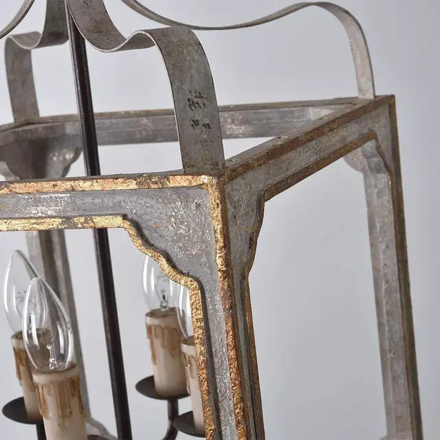 Alt view image 6 of 6 - French Country Chandelier 4-Light Lantern Pendant Lighting Square Wood Metal Chandeliers Hanging Light Ceiling Light Fixtures in Antique Gray & Antique Gold