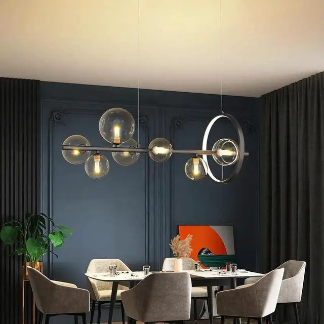 Alt view image 2 of 6 - Linear Kitchen Island Lighting, Dining Room Light Fixture Over Table, Large Industrial Black Pendant Lights Ceiling Hanging for Kitchen Living Room (Black, 7-Light)