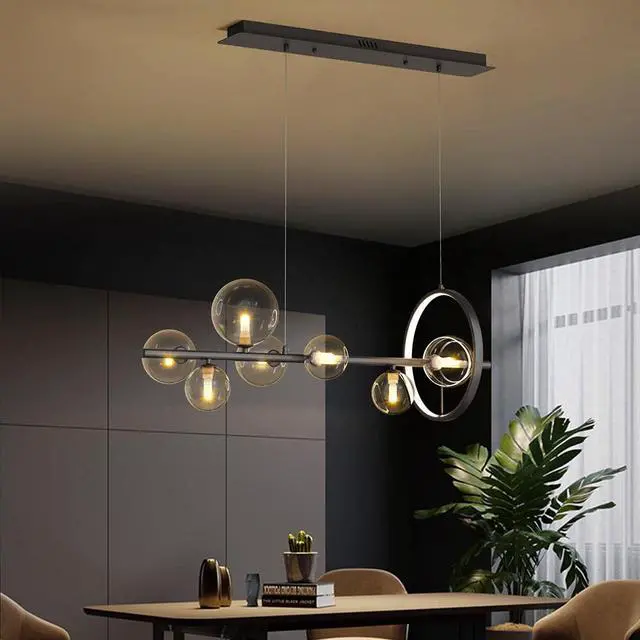 Alt view image 3 of 6 - Linear Kitchen Island Lighting, Dining Room Light Fixture Over Table, Large Industrial Black Pendant Lights Ceiling Hanging for Kitchen Living Room (Black, 7-Light)