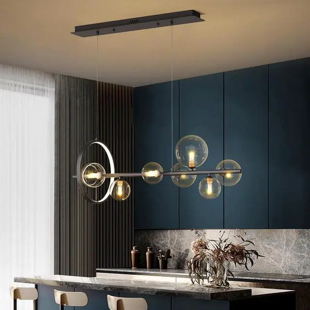 Alt view image 4 of 6 - Linear Kitchen Island Lighting, Dining Room Light Fixture Over Table, Large Industrial Black Pendant Lights Ceiling Hanging for Kitchen Living Room (Black, 7-Light)