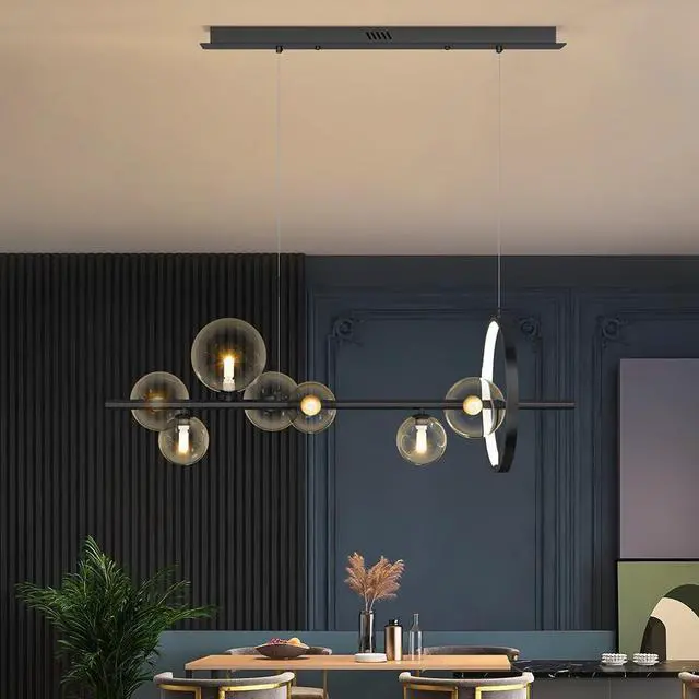 Alt view image 5 of 6 - Linear Kitchen Island Lighting, Dining Room Light Fixture Over Table, Large Industrial Black Pendant Lights Ceiling Hanging for Kitchen Living Room (Black, 7-Light)