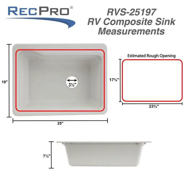 Alt view image 3 of 6 - RV Composite Sink | 25inches x 19inches | Single Basin RV Sink | Black Granite or White Color Options (White)
