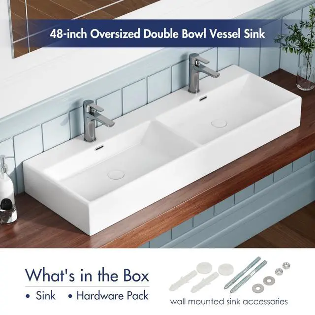 Alt view image 4 of 6 - Bathroom Vessel Sinks 48" x 16.5", Premium Wall Mount Bathroom Vanity Vessel Sink, Trough Floating Vessel Sink Rectangular, Lavabo para Baño, Ceramic Modern Bathroom Sink Art Washbasin