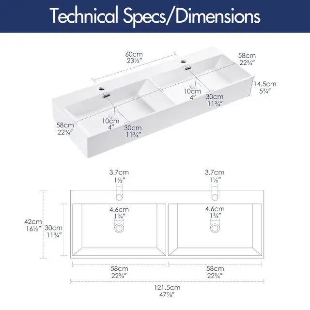 Alt view image 5 of 6 - Bathroom Vessel Sinks 48" x 16.5", Premium Wall Mount Bathroom Vanity Vessel Sink, Trough Floating Vessel Sink Rectangular, Lavabo para Baño, Ceramic Modern Bathroom Sink Art Washbasin