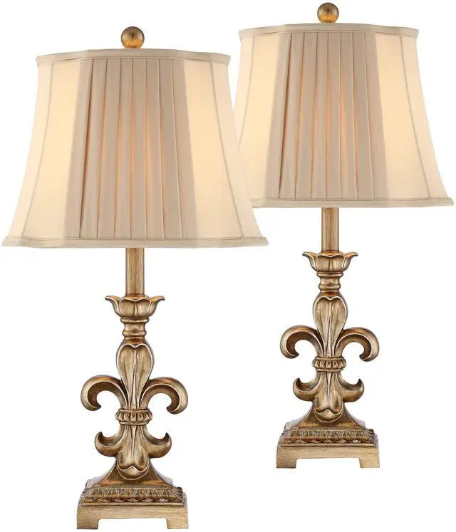 Main image of Louis Traditional French Fleur-de-Lis Table Lamps 25.75" High Set of 2 Antique Gold Ivory White Pleated Bell Shade Decor for Living Room Bedroom House Bedside Nightstand Home