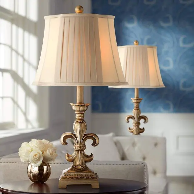 Alt view image 2 of 6 - Louis Traditional French Fleur-de-Lis Table Lamps 25.75" High Set of 2 Antique Gold Ivory White Pleated Bell Shade Decor for Living Room Bedroom House Bedside Nightstand Home