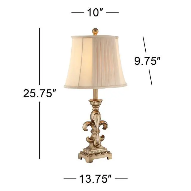 Alt view image 4 of 6 - Louis Traditional French Fleur-de-Lis Table Lamps 25.75" High Set of 2 Antique Gold Ivory White Pleated Bell Shade Decor for Living Room Bedroom House Bedside Nightstand Home