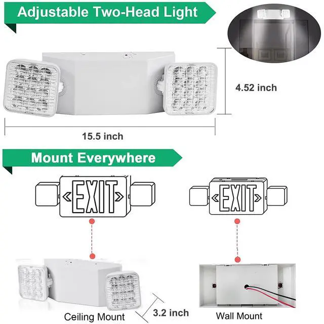 Alt view image 5 of 6 - 6 Pack Emergency Lights for Business, Commercial Emergency Lights with Battery Backup, Two Head Adjustable Emergency Lighting, LED Emergency Flood Light for Home Power Outage, Hard Wired 120-277V