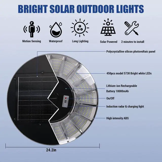 Alt view image 2 of 6 - 11000W Round Commercial Solar Lights Outdoor, Motion Sensor & Dusk to Dawn Solar Pole Light, IP 66 Waterproof Solar Powered Post lamp with Remote for Outside Parking Lot Pool Yard-2 Pack