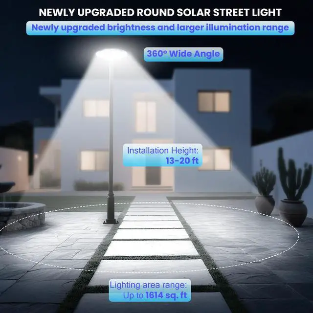 Alt view image 3 of 6 - 11000W Round Commercial Solar Lights Outdoor, Motion Sensor & Dusk to Dawn Solar Pole Light, IP 66 Waterproof Solar Powered Post lamp with Remote for Outside Parking Lot Pool Yard-2 Pack
