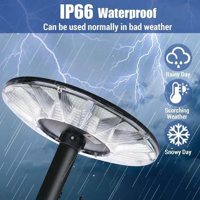 Alt view image 5 of 6 - 11000W Round Commercial Solar Lights Outdoor, Motion Sensor & Dusk to Dawn Solar Pole Light, IP 66 Waterproof Solar Powered Post lamp with Remote for Outside Parking Lot Pool Yard-2 Pack