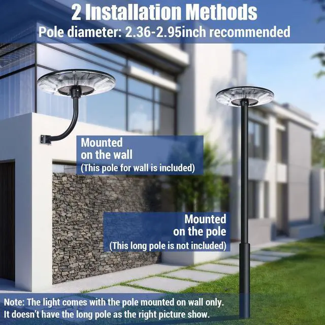 Alt view image 6 of 6 - 11000W Round Commercial Solar Lights Outdoor, Motion Sensor & Dusk to Dawn Solar Pole Light, IP 66 Waterproof Solar Powered Post lamp with Remote for Outside Parking Lot Pool Yard-2 Pack