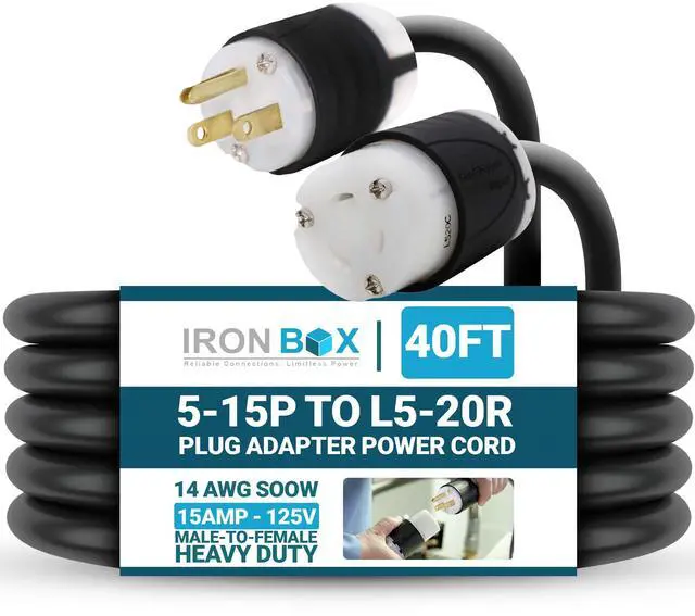 Main image of IronBox Electric 5-15P to L5-20R Plug Adapter Power Cord - 15A, 125V, 14 AWG SOOW - UL Listed Power Cord Extension Cable - Heavy Duty Plug & Connector for Generator, Data Centers & More (40ft, Build)