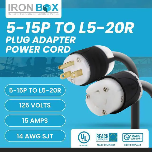 Alt view image 2 of 6 - IronBox Electric 5-15P to L5-20R Plug Adapter Power Cord - 15A, 125V, 14 AWG SOOW - UL Listed Power Cord Extension Cable - Heavy Duty Plug & Connector for Generator, Data Centers & More (40ft, Build)