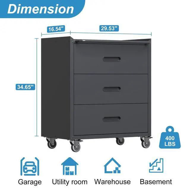 Alt view image 3 of 6 - Black Metal Garage Storage Cabinet on Wheels, Heavy Duty Steel Rolling Tool Chest with Drawers, Mobile Tool Storage Cabinets for Warehouse Garage Basement, Assembly Required