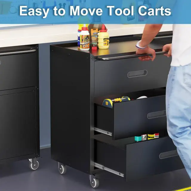 Alt view image 4 of 6 - Black Metal Garage Storage Cabinet on Wheels, Heavy Duty Steel Rolling Tool Chest with Drawers, Mobile Tool Storage Cabinets for Warehouse Garage Basement, Assembly Required