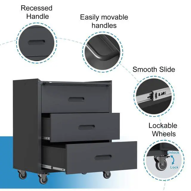 Alt view image 5 of 6 - Black Metal Garage Storage Cabinet on Wheels, Heavy Duty Steel Rolling Tool Chest with Drawers, Mobile Tool Storage Cabinets for Warehouse Garage Basement, Assembly Required