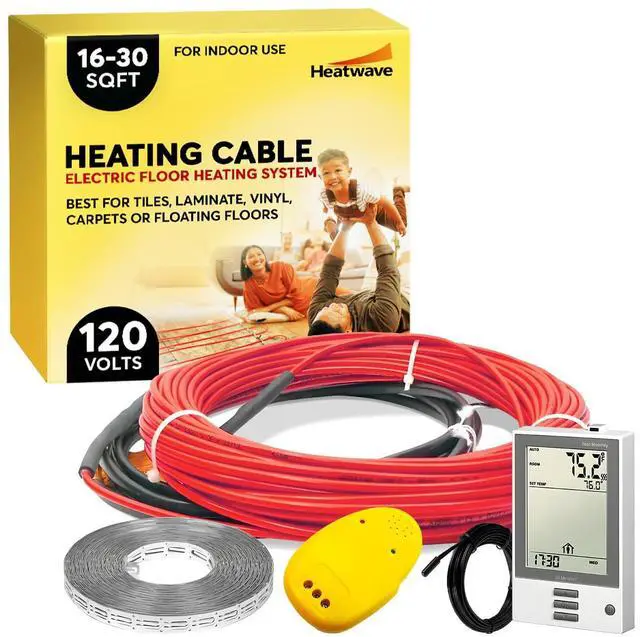 Main image of Floor Heating Cable 120V - 16-30 sq ft Heated Floor System, Underfloor Electric Heat Cable Warmer, Radiant Heated Flooring System for Tile with 7-Day/4 Event Programmable GFCI Thermostat, Made in USA