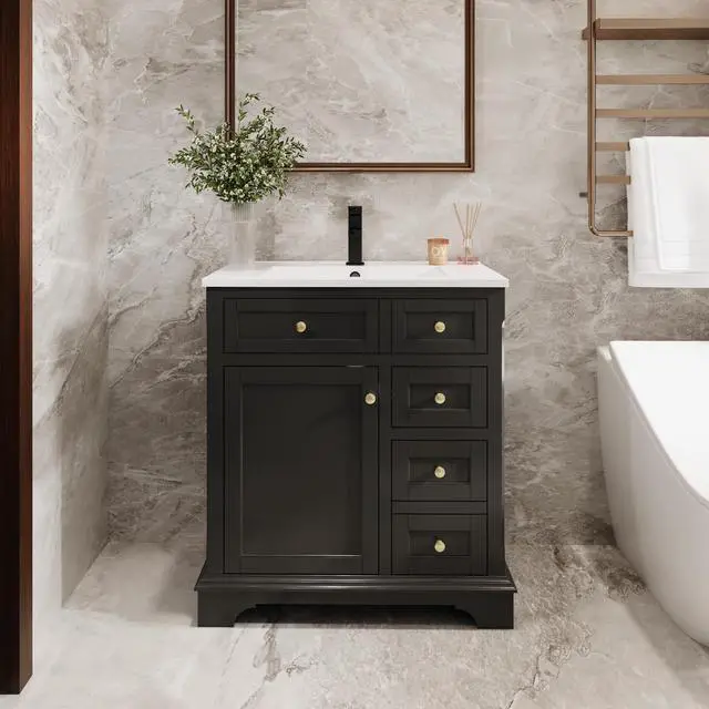 Main image of 30" Bathroom Vanity with Sink Combo, Vintage Bathroom Vanities Storage Cabinet w/Painted Surface, Raised Arch Feet, Soft Closing Doors, Undermount White Sink Faucet Drain, Black