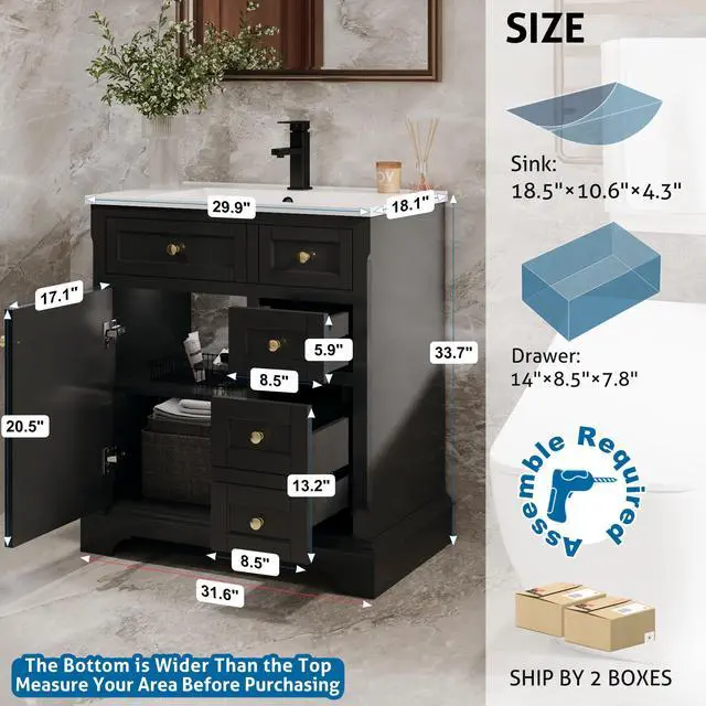 Alt view image 2 of 6 - 30" Bathroom Vanity with Sink Combo, Vintage Bathroom Vanities Storage Cabinet w/Painted Surface, Raised Arch Feet, Soft Closing Doors, Undermount White Sink Faucet Drain, Black