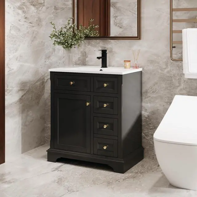 Alt view image 3 of 6 - 30" Bathroom Vanity with Sink Combo, Vintage Bathroom Vanities Storage Cabinet w/Painted Surface, Raised Arch Feet, Soft Closing Doors, Undermount White Sink Faucet Drain, Black