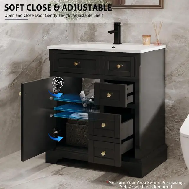 Alt view image 4 of 6 - 30" Bathroom Vanity with Sink Combo, Vintage Bathroom Vanities Storage Cabinet w/Painted Surface, Raised Arch Feet, Soft Closing Doors, Undermount White Sink Faucet Drain, Black