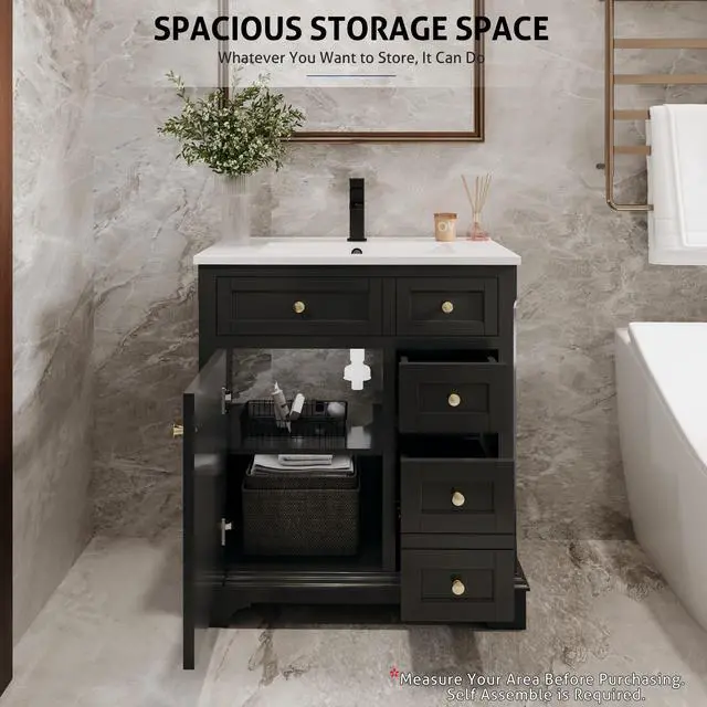 Alt view image 5 of 6 - 30" Bathroom Vanity with Sink Combo, Vintage Bathroom Vanities Storage Cabinet w/Painted Surface, Raised Arch Feet, Soft Closing Doors, Undermount White Sink Faucet Drain, Black