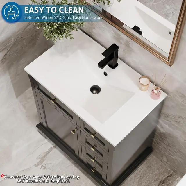 Alt view image 6 of 6 - 30" Bathroom Vanity with Sink Combo, Vintage Bathroom Vanities Storage Cabinet w/Painted Surface, Raised Arch Feet, Soft Closing Doors, Undermount White Sink Faucet Drain, Black