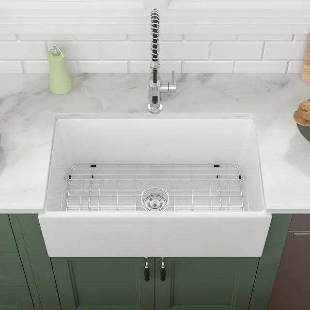 Alt view image 3 of 6 - 30"x18" White Farmhouse Sink 30 Inch Farm Sink Fireclay Apron Front Single Bowl Rectangular Deep Kitchen Sinks Farm Barn Kitchen Sink Modern Accessory Kit Included,Lof-LWFS3018
