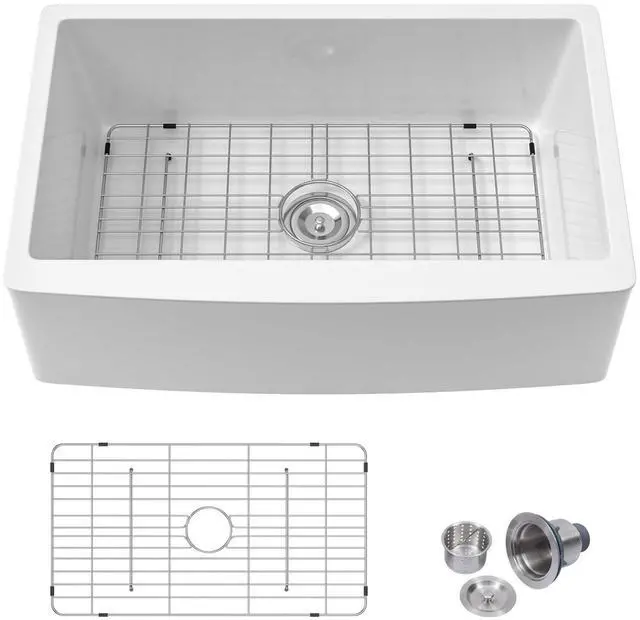 Main image of 33" Fireclay Farmhouse Sink-33"x21"x10" Apron Front Kitchen Sink, White Ceramic Porcelain Fireclay, TopMount Drop In Single Bowl, LOF-LWFS332110S