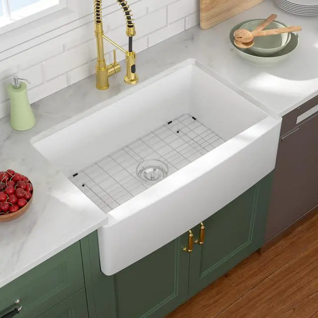 Alt view image 2 of 6 - 33" Fireclay Farmhouse Sink-33"x21"x10" Apron Front Kitchen Sink, White Ceramic Porcelain Fireclay, TopMount Drop In Single Bowl, LOF-LWFS332110S