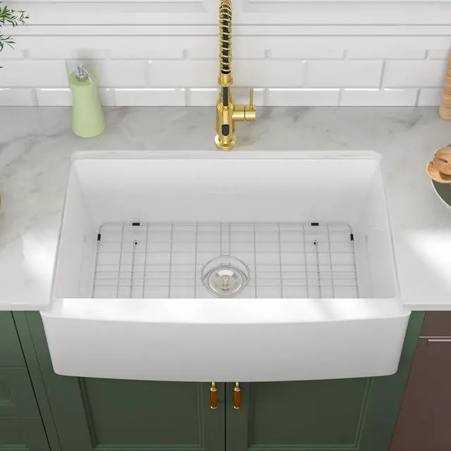 Alt view image 3 of 6 - 33" Fireclay Farmhouse Sink-33"x21"x10" Apron Front Kitchen Sink, White Ceramic Porcelain Fireclay, TopMount Drop In Single Bowl, LOF-LWFS332110S