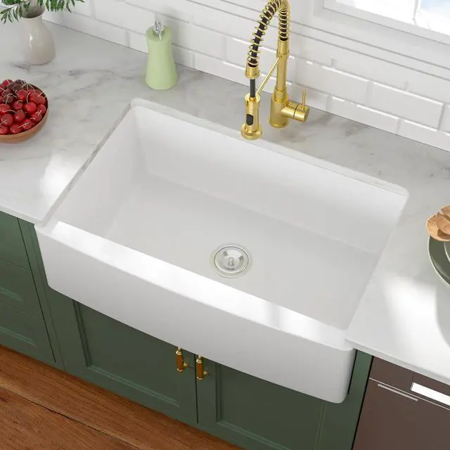 Alt view image 4 of 6 - 33" Fireclay Farmhouse Sink-33"x21"x10" Apron Front Kitchen Sink, White Ceramic Porcelain Fireclay, TopMount Drop In Single Bowl, LOF-LWFS332110S