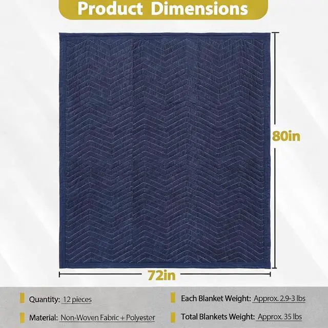 Alt view image 3 of 6 - Moving Blankets 12 Pack, Heavy Duty 35 lb/dz, Quilted Furniture Pads Large 80x72 Inches for Moving and Storage (24, Dark Blue)