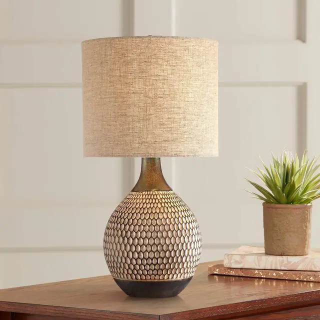 Alt view image 2 of 6 - Emma Mid Century Modern 3-Way Table Lamp with Table Top Dimmer 21" High Wood Brown Finish Ceramic Tan Drum Shade for Cottage Core Living Room Bedroom House Bedside Nightstand Home