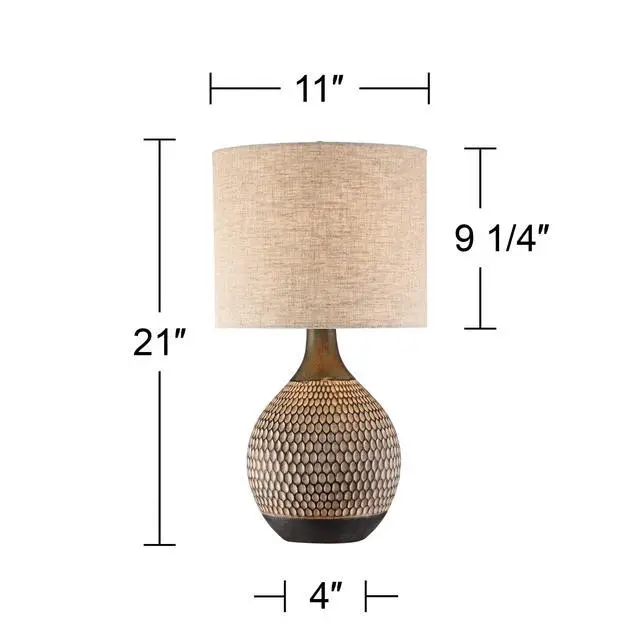 Alt view image 4 of 6 - Emma Mid Century Modern 3-Way Table Lamp with Table Top Dimmer 21" High Wood Brown Finish Ceramic Tan Drum Shade for Cottage Core Living Room Bedroom House Bedside Nightstand Home