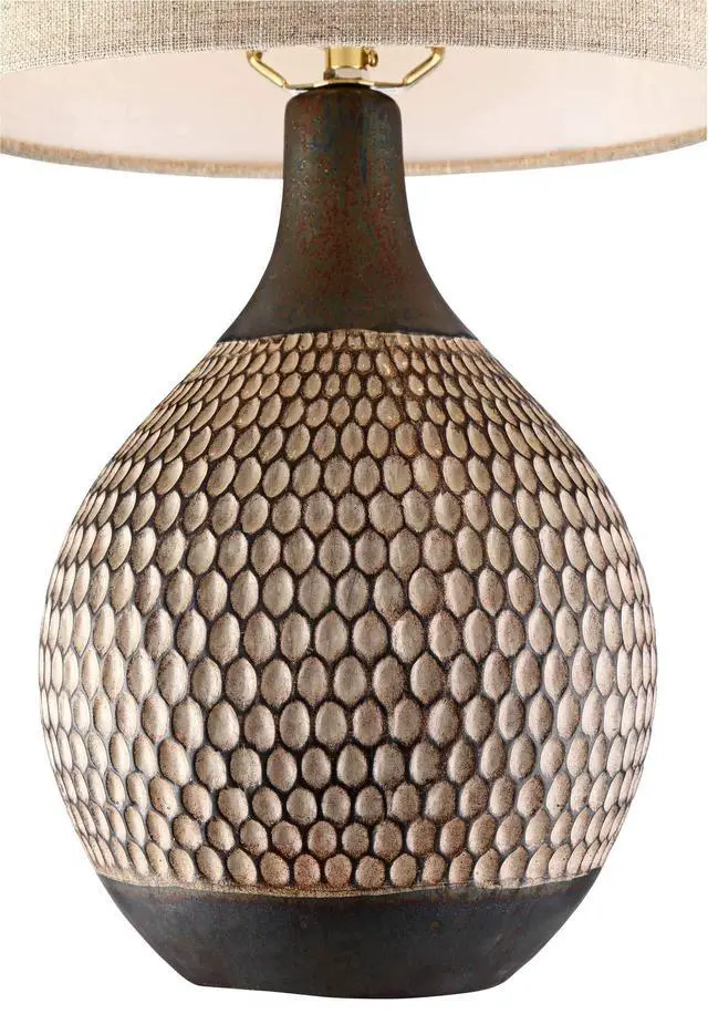Alt view image 5 of 6 - Emma Mid Century Modern 3-Way Table Lamp with Table Top Dimmer 21" High Wood Brown Finish Ceramic Tan Drum Shade for Cottage Core Living Room Bedroom House Bedside Nightstand Home