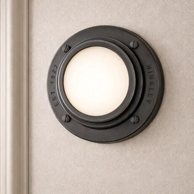 Alt view image 3 of 6 - Porte Extra Small Flush Mount Ceiling Light or Wall Sconce, Etched Opal Glass Shade, Dual-Mount Design, Integrated LED, ADA Compliant, Black Oxide Finish