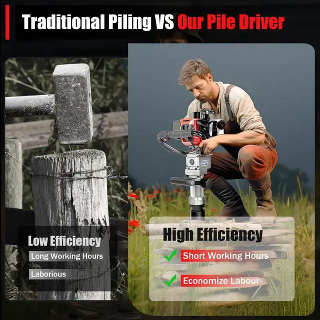 Alt view image 4 of 6 - Pile Driver Hammer, 2 Stroke 32.6CC Gas Powered T Post Driver Hammer, Air Cooling Single Cylinder Gasoline Petrol Engine, Garden Fencing Tool Machine, EPA Certificated