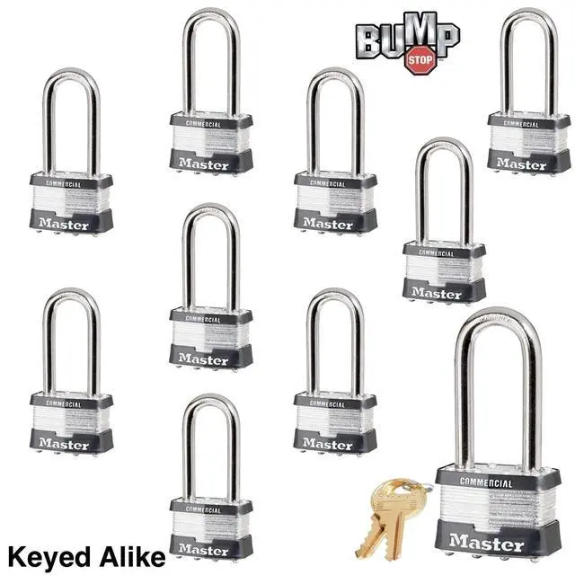Alt view image 2 of 4 - Padlock - 2" W Body x 2-1/2"L Shackle, Ten (10) Keyed Alike Locks 25NKALJ-10 w/Bump Stop Technology