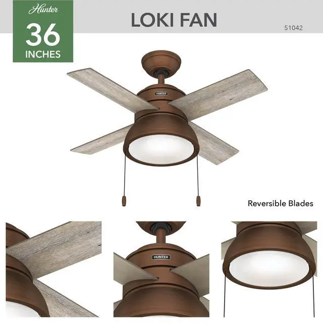 Alt view image 2 of 6 - Fan Company 51042 Loki Indoor Ceiling Fan with LED Light and Pull Chain Control, 36", Weathered Copper Finish