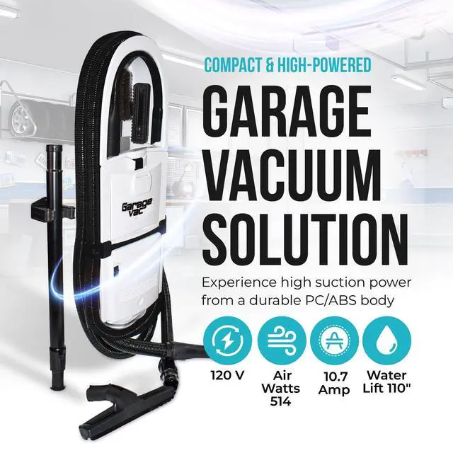 Alt view image 2 of 6 - InterVac Garage Vacuum Cleaner for Workshop, 1 Gallon Garage Vacuum Wall Mounted, Stretch Hose Shop Vacuum for RVs, Boats, Cabins and Utility Rooms, GarageVac (White)