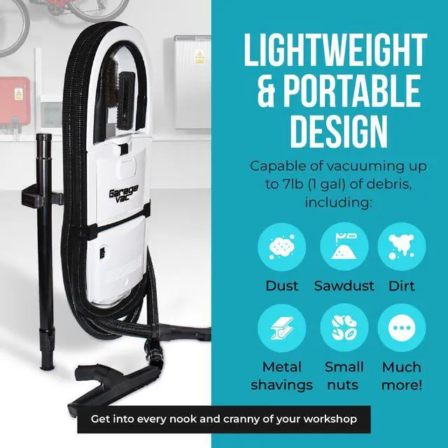Alt view image 6 of 6 - InterVac Garage Vacuum Cleaner for Workshop, 1 Gallon Garage Vacuum Wall Mounted, Stretch Hose Shop Vacuum for RVs, Boats, Cabins and Utility Rooms, GarageVac (White)