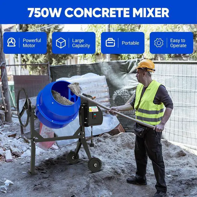 Alt view image 2 of 6 - Electric Cement Mixer, 5.3 Cu.Ft. 750W 1HP Heavy Duty Portable Concrete Mixer Machine with Wheel & Stand for Stucco, Mortar, Seeds, Blue