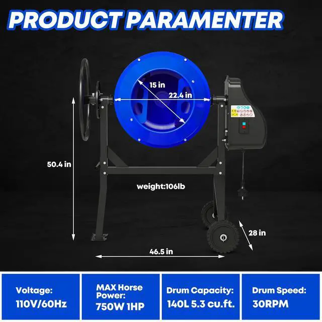 Alt view image 3 of 6 - Electric Cement Mixer, 5.3 Cu.Ft. 750W 1HP Heavy Duty Portable Concrete Mixer Machine with Wheel & Stand for Stucco, Mortar, Seeds, Blue