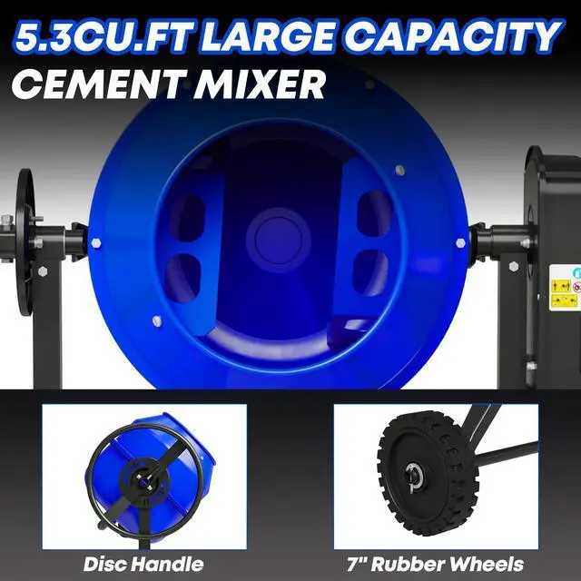 Alt view image 5 of 6 - Electric Cement Mixer, 5.3 Cu.Ft. 750W 1HP Heavy Duty Portable Concrete Mixer Machine with Wheel & Stand for Stucco, Mortar, Seeds, Blue