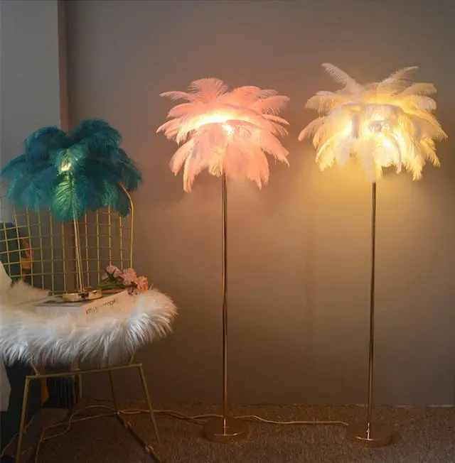 Alt view image 2 of 6 - Natural Ostrich Feather Floor Lamp, 3-Way Color Temperature,Simple Modern Bedroom and Living Room Standing Lamp, Golden Lamp Body, G4-LED Bulb (White)